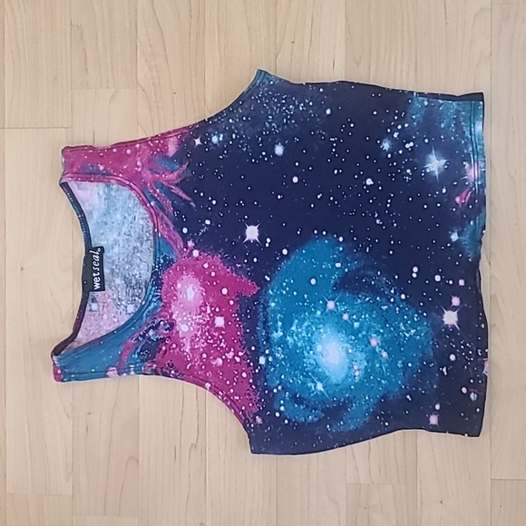 Wet Seal Galaxy Print Pink/Navy/Green Crop Top Size S - Picture 1 of 5